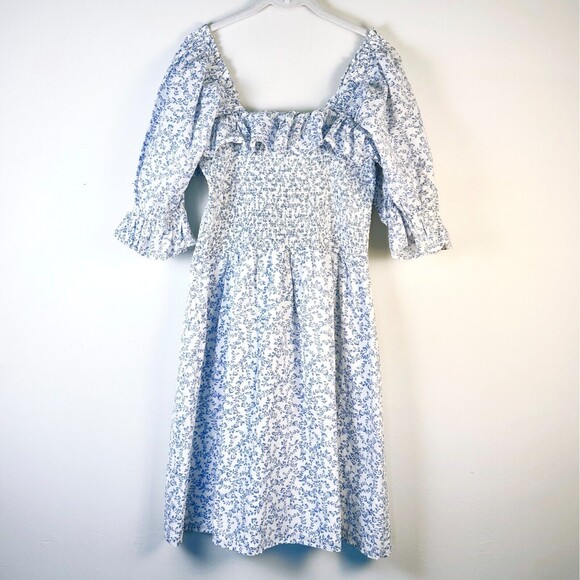WAYF Dress Women 1X Plus Blue Floral Tonya Smocked Cottagecore 100% Cotton NWOT - Picture 2 of 10